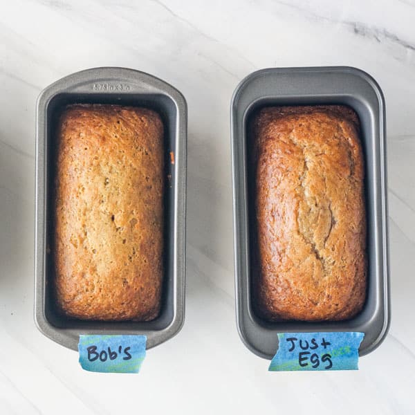 Overhead view of mini loaves labeled "Bob's" and "Just Egg".