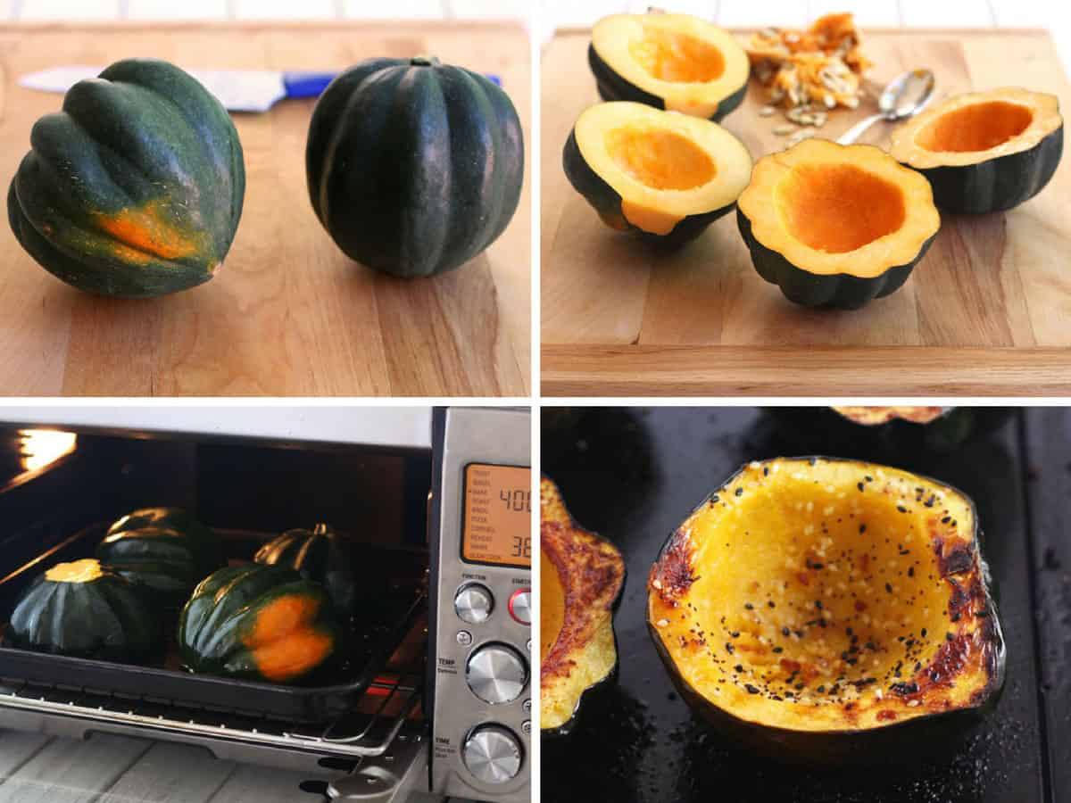 Grid: whole squash, squash bowls, roasted and seasoned squash