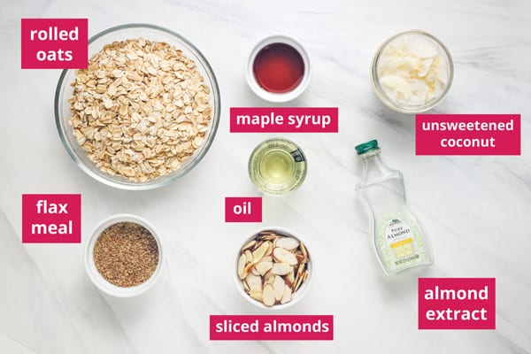 Recipe ingredients arranged on a table and labeled.