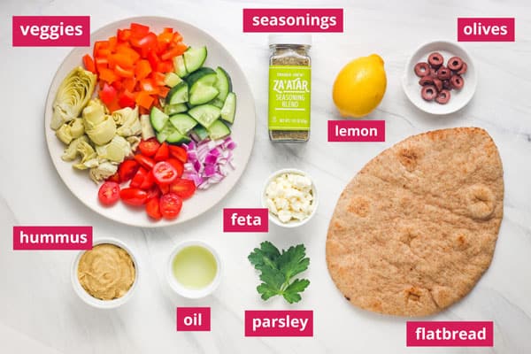 Recipe ingredients in bowls arranged on a table and labeled.