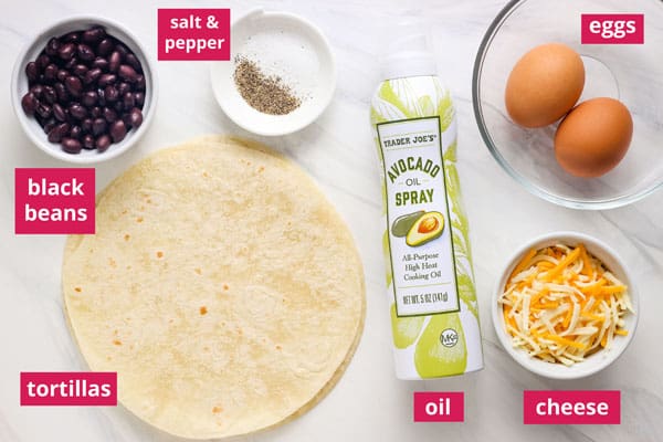 Recipe ingredients arranged on a table with labels.