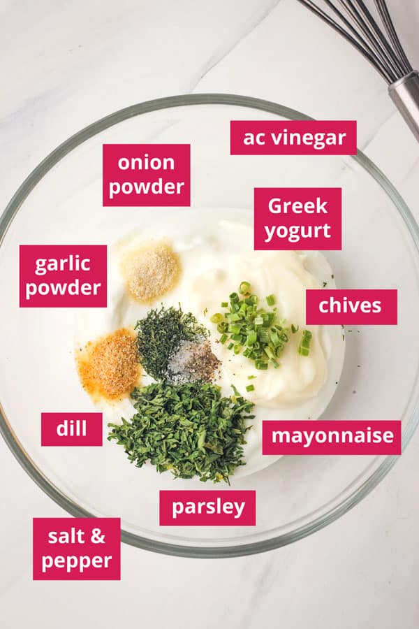 Small glass bowl with ingredients labeled.