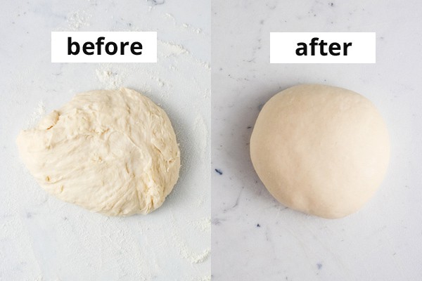 Shaggy dough and smooth kneaded ball of dough side by side.