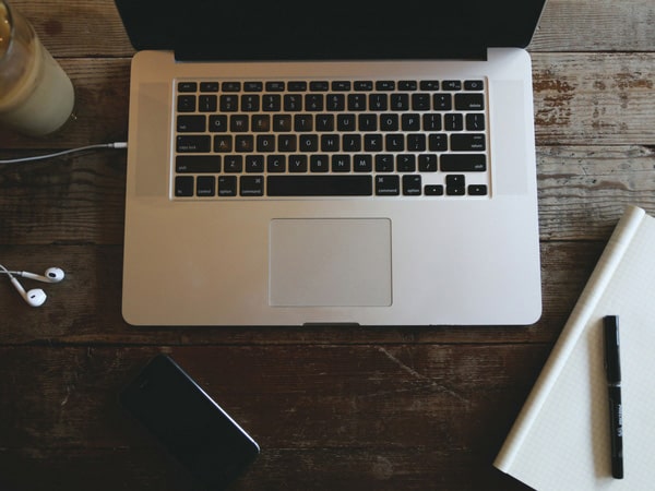 Top down view of an open laptop.