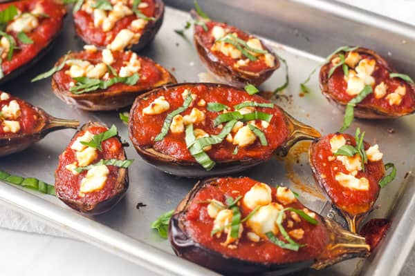 Small pan of baked eggplant.
