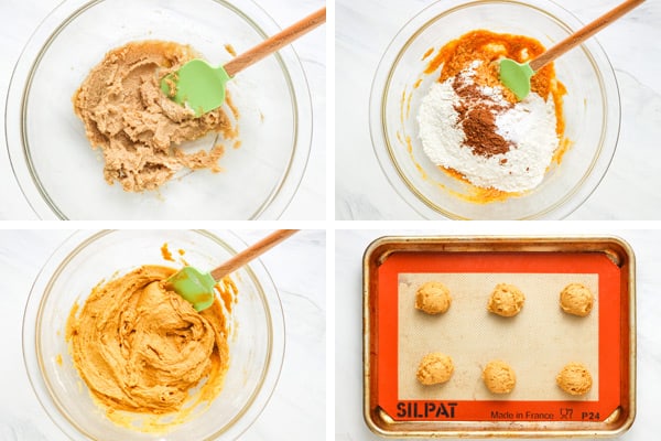 Creaming butter, mixing dough, scooped dough on baking pan.