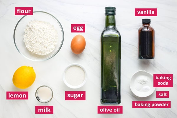 Recipe ingredients arranged on a table and labeled.