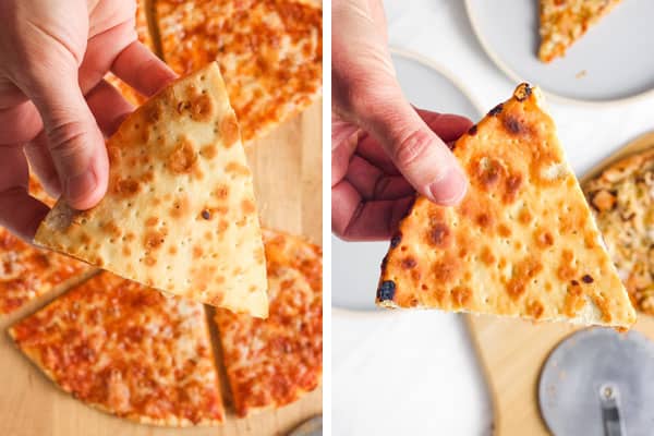 Closeup up of crusts on two slices of pizza.