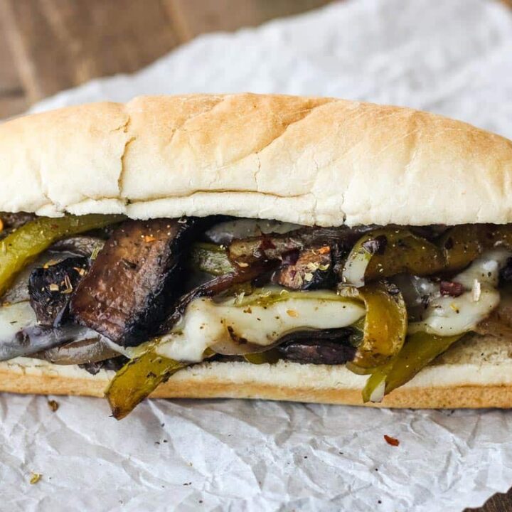 Sub roll stuffed with marinated mushroom slices, green pepper, and onions all topped with melty cheese.