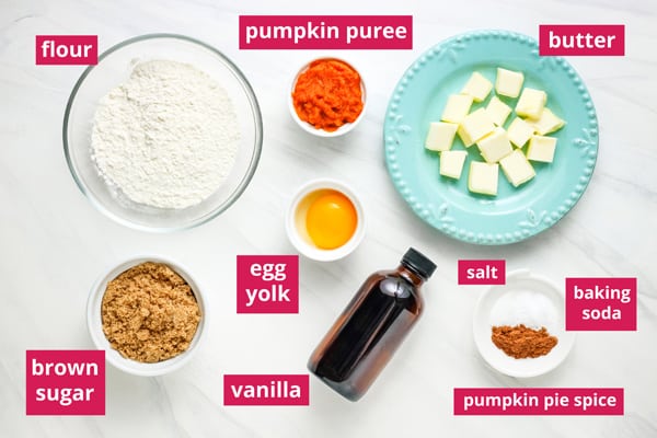 Recipe ingredients arranged on a table and labeled.