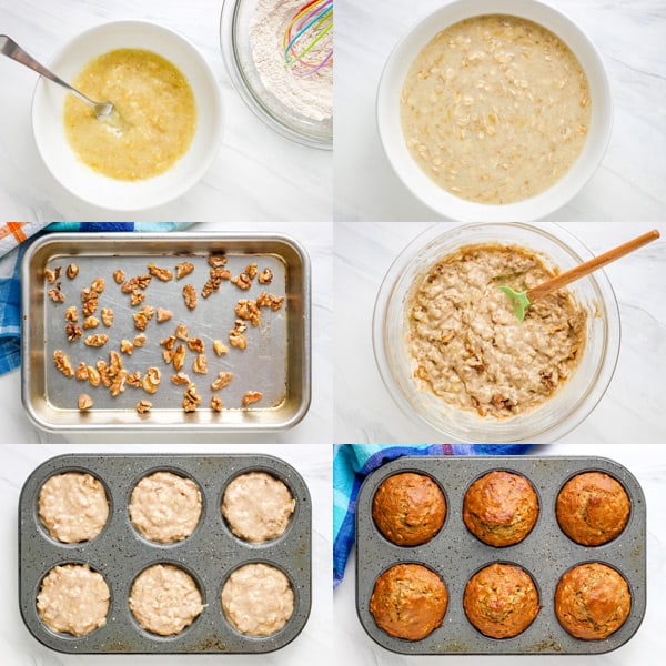 Mashing banana, oats soaking in bowl, toasted nuts on pan, mixed batter, baked muffins in a muffin tin.