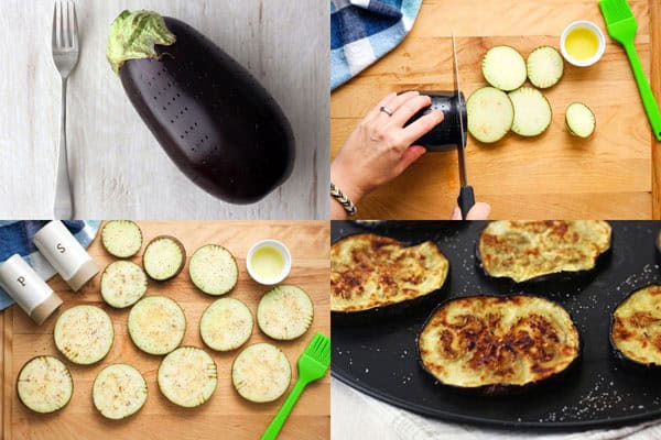 Eggplant poked with a fork, sliced into rounds, oiled and seasoned, and cooked eggplant rounds on a pan.