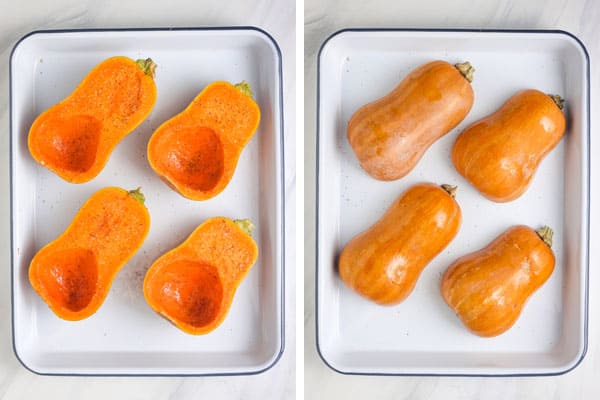 Seasoned squash halves on a small pan.