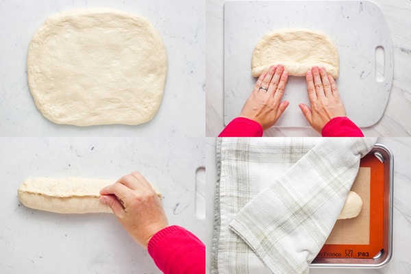 Flattened dough, rolled into a log, pinched closed, and covered on a pan.