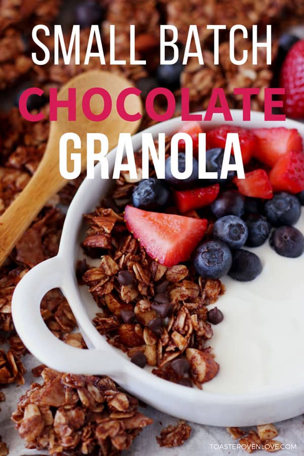 Chocolate granola in a bowl with Greek yogurt and berries.