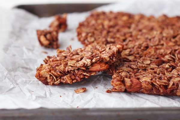 Chunky chocolate granola broken into big clumps.