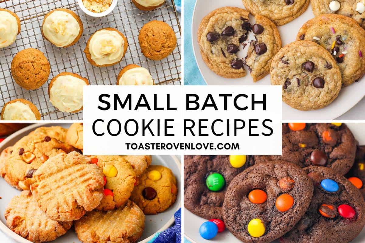 Chocolate chip cookies, peanut butter cookies, frosted cookies, and chocolate brownie cookies with text "small batch cookie recipes" overlayed.