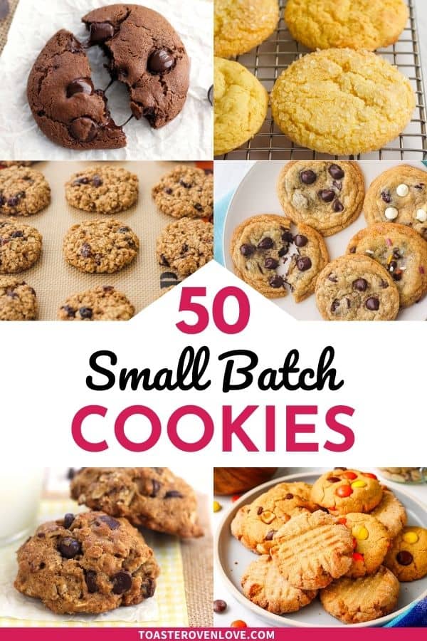 Variety of cookies with text "50 small batch cookies" in a grid.