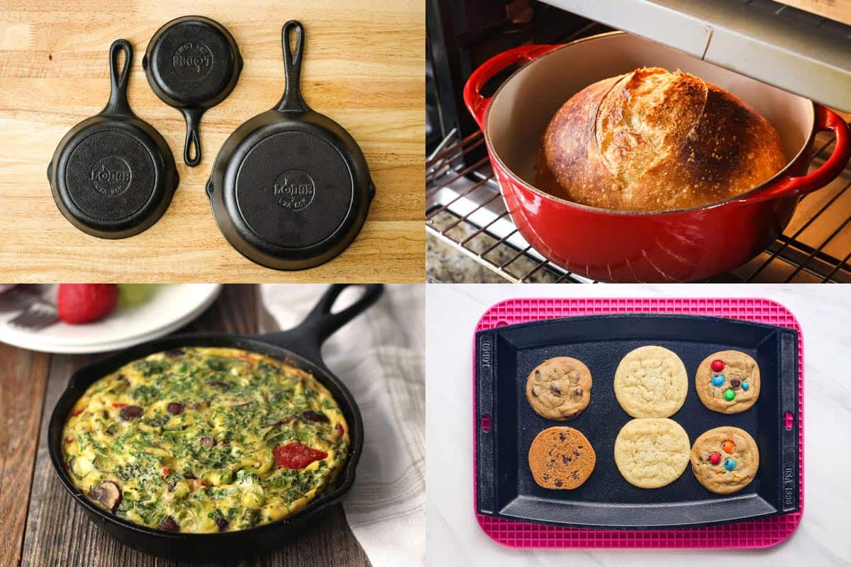 Small cast iron skillets and pans on tables and a dutch oven inside of a toaster oven.