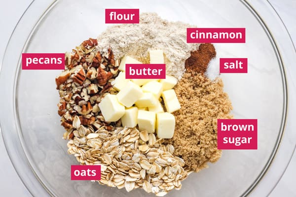Small batch streusel ingredients labeled in a bowl.
