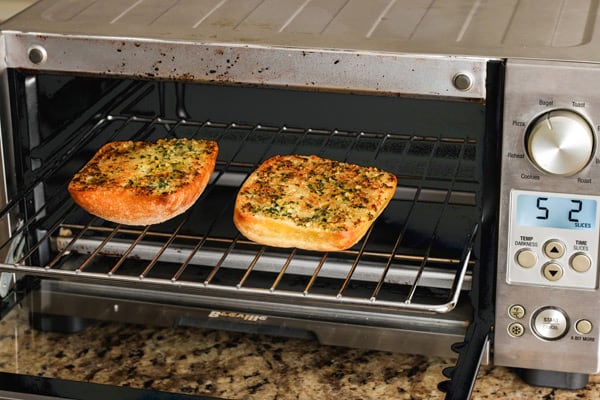 Toasted ciabatta roll in a toaster oven.