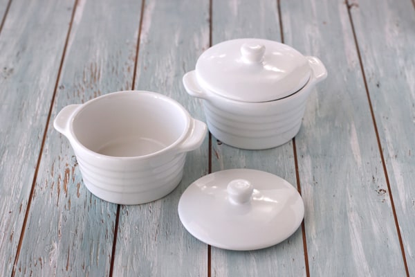 Two white mini stoneware cocottes
