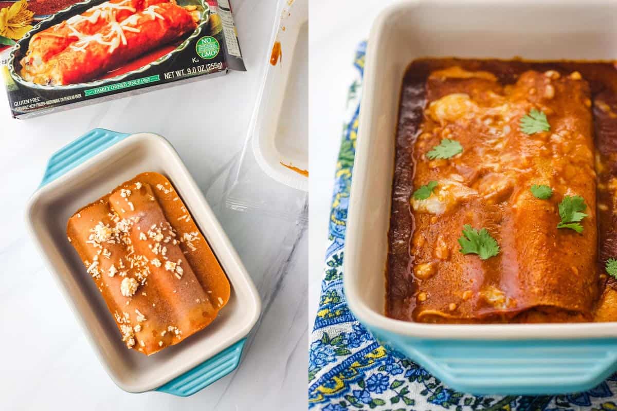 Frozen enchiladas in a baking dish and cooked.