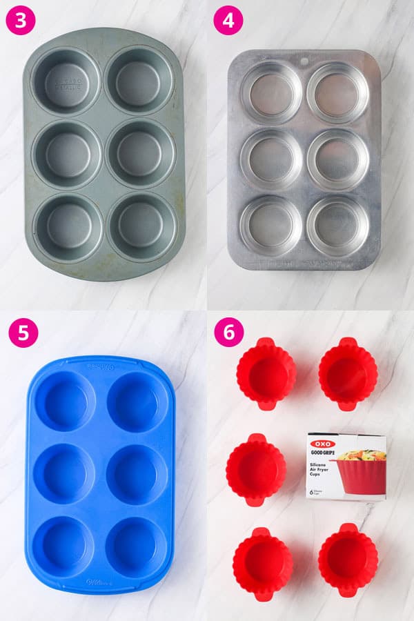 Overhead view of four muffin pans and silicone muffin cups.