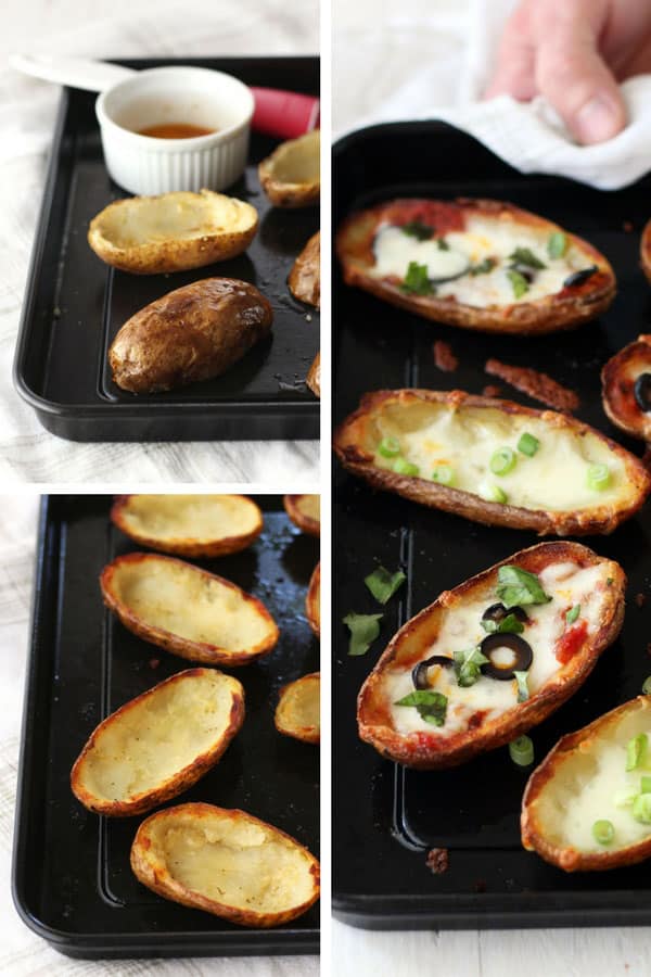 Scooped out, oiled, baked and topped potato skins on dark toaster oven pan.