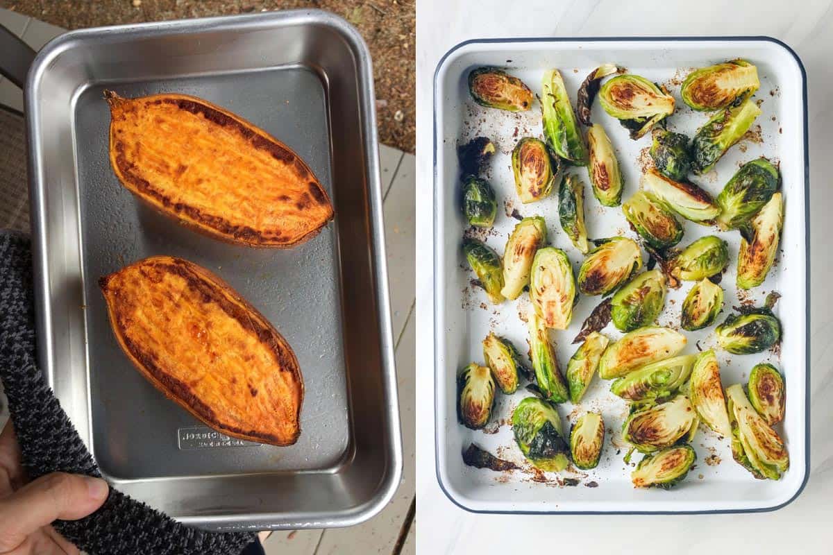 Small sheet pans with baked sweet potato halves and roasted Brussels sprouts.