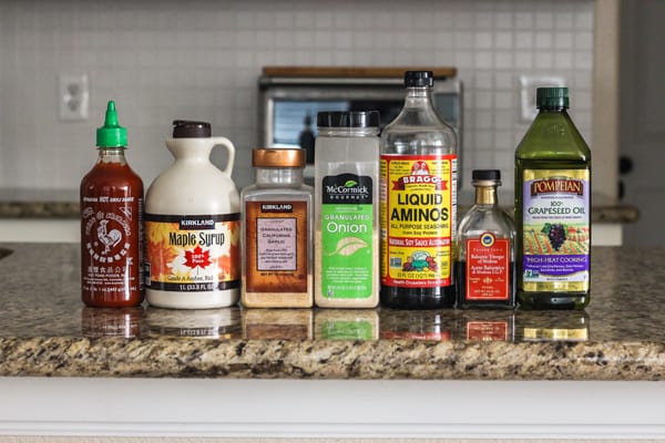 Ingredients for tofu marinade on a kitchen counter.