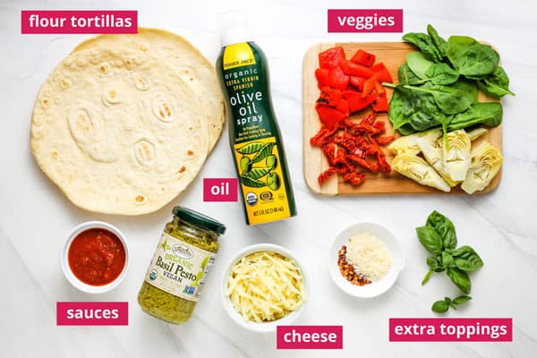 Recipe ingredients arranged on a table and labeled.