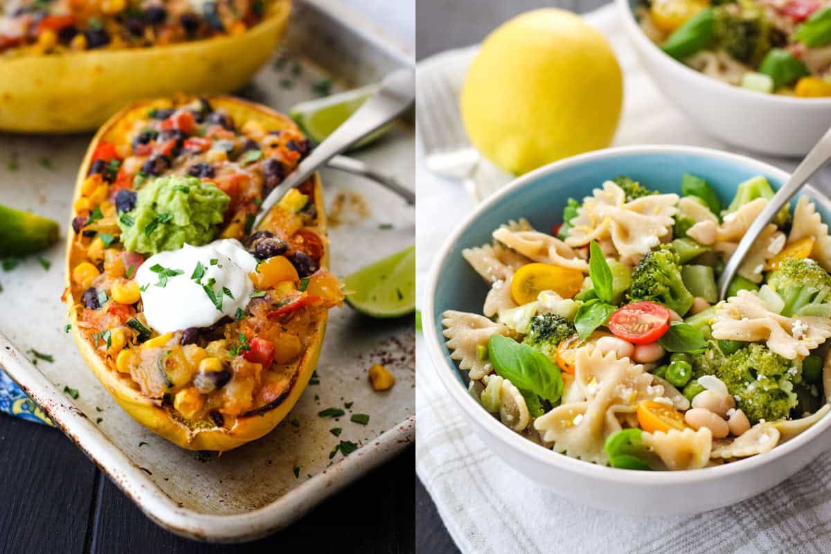 Stuffed spaghetti squash bowl on a sheet pan and bowl of bowtie pasta with vegetables.