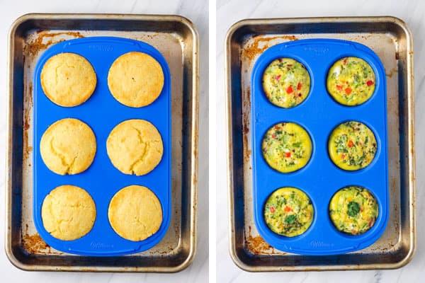 Blue silicone muffin pan on a sheet pan.